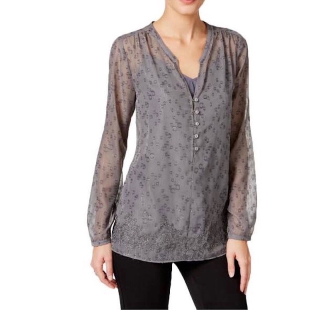 NYDJ Graphite Gray Blouse Embellished Sheer Peasant Women’s Plus Sz 1X NEW